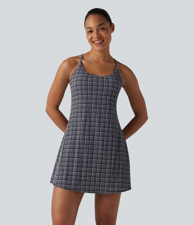 2-in-1 Plaid Crinkle Quick Dry Mini Tennis Active Dress with Pockets-Easy Peezy Edition