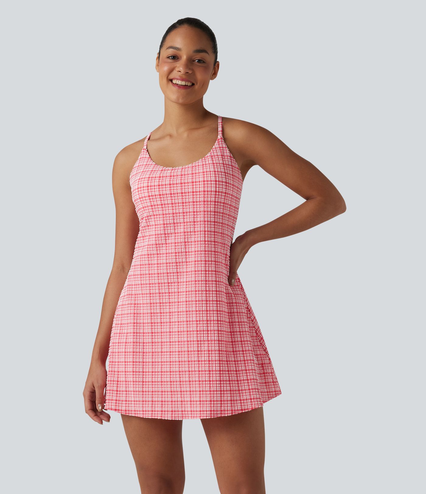 2-in-1 Plaid Crinkle Quick Dry Mini Tennis Active Dress with Pockets-Easy Peezy Edition