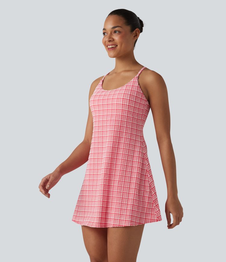 2-in-1 Plaid Crinkle Quick Dry Mini Tennis Active Dress with Pockets-Easy Peezy Edition