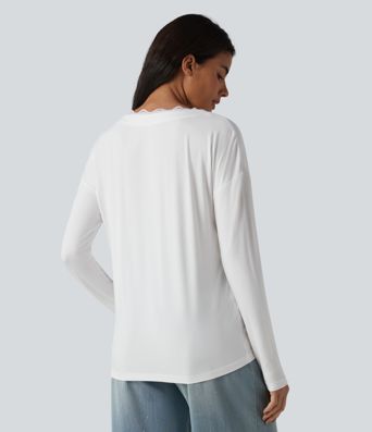 Lace V Neck Long Sleeve Casual Top