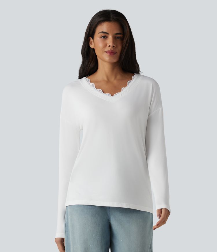 Lace V Neck Long Sleeve Casual Top