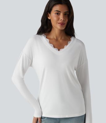 Lace V Neck Long Sleeve Casual Top
