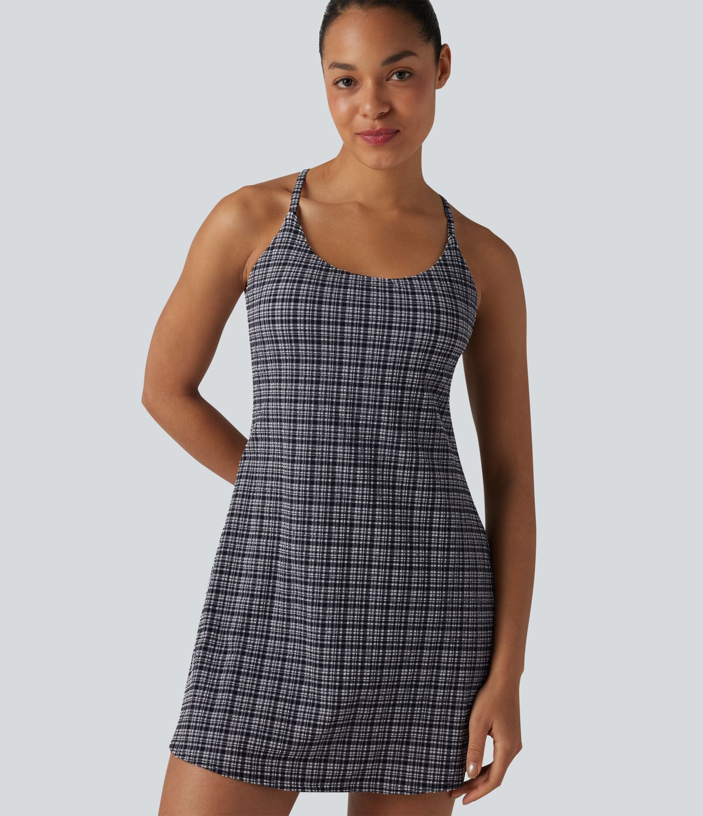 2-in-1 Plaid Crinkle Quick Dry Mini Tennis Active Dress with Pockets-Easy Peezy Edition
