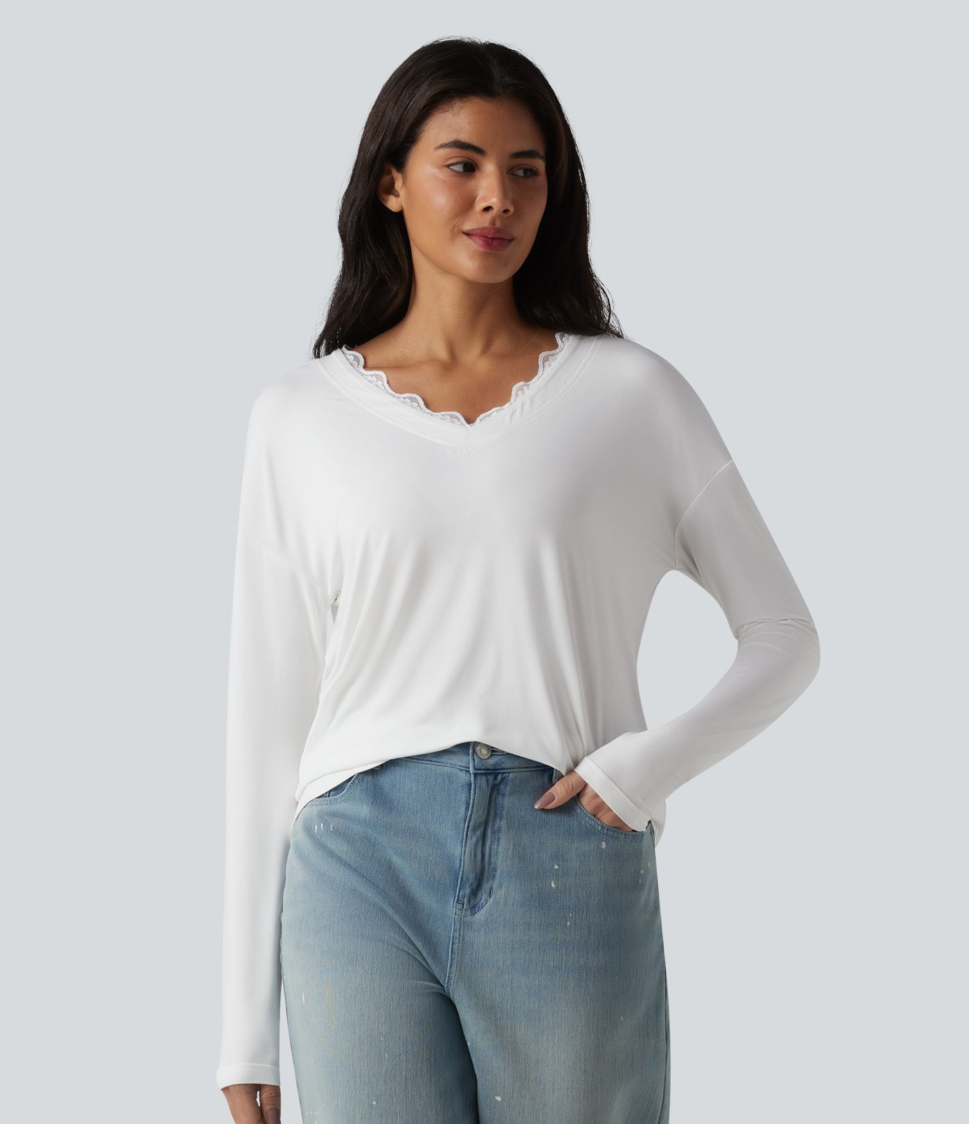 Lace V Neck Long Sleeve Casual Top