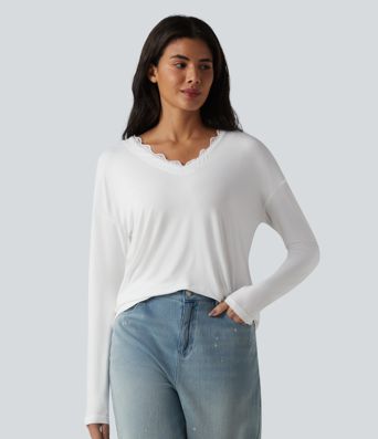 Lace V Neck Long Sleeve Casual Top