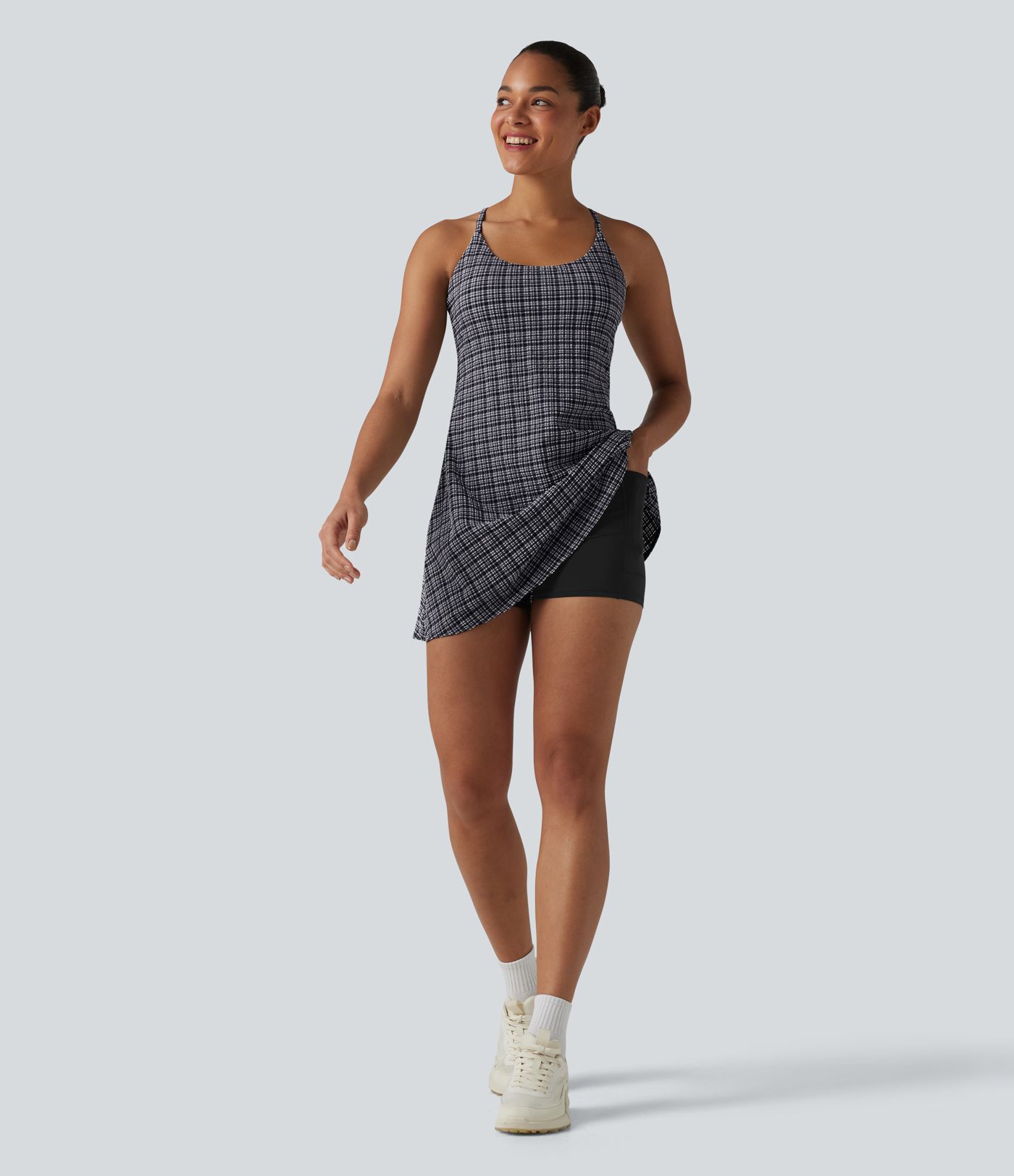 2-in-1 Plaid Crinkle Quick Dry Mini Tennis Active Dress with Pockets-Easy Peezy Edition