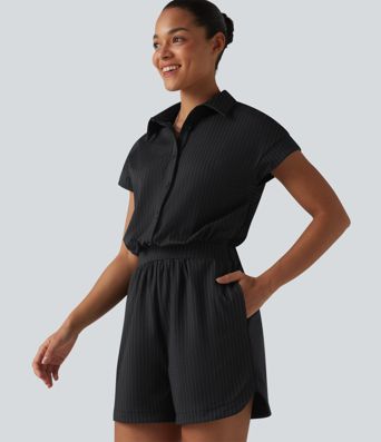 Short Sleeve Stripe Casual Shirt Romper with Pockets-Easy Peezy Edition Short Sleeve Stripe Casual Shirt Romper with Pockets-Easy Peezy Edition