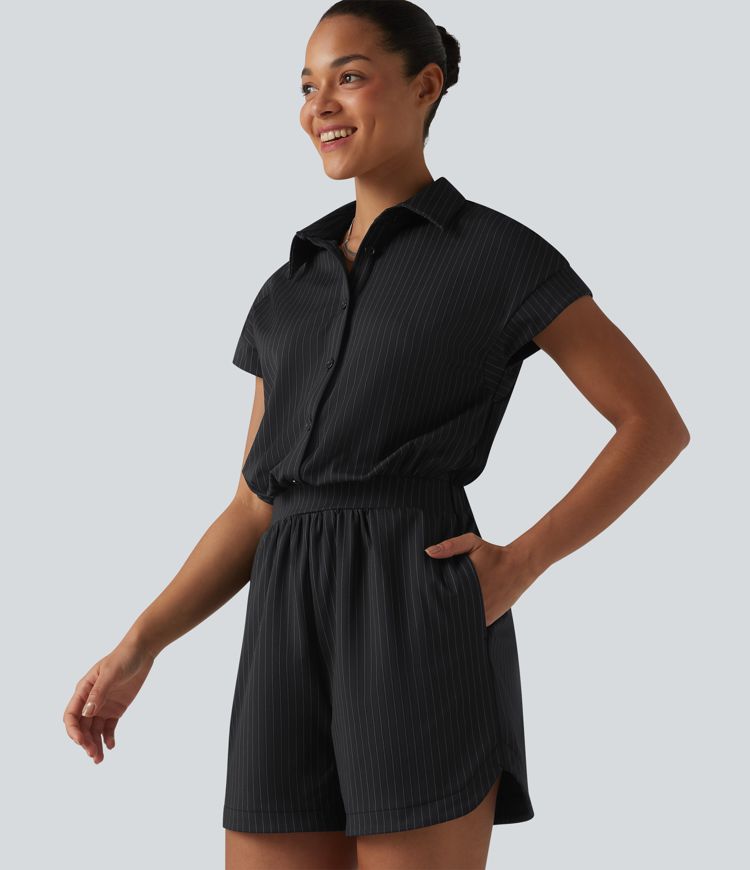 Short Sleeve Stripe Casual Shirt Romper with Pockets-Easy Peezy Edition Short Sleeve Stripe Casual Shirt Romper with Pockets-Easy Peezy Edition