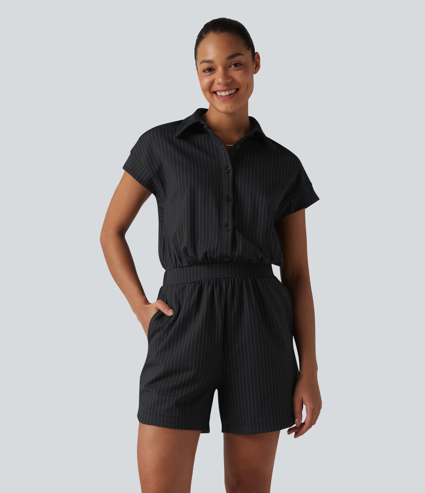 Short Sleeve Stripe Casual Shirt Romper with Pockets-Easy Peezy Edition Short Sleeve Stripe Casual Shirt Romper with Pockets-Easy Peezy Edition