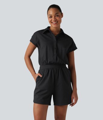 Short Sleeve Stripe Casual Shirt Romper with Pockets-Easy Peezy Edition Short Sleeve Stripe Casual Shirt Romper with Pockets-Easy Peezy Edition