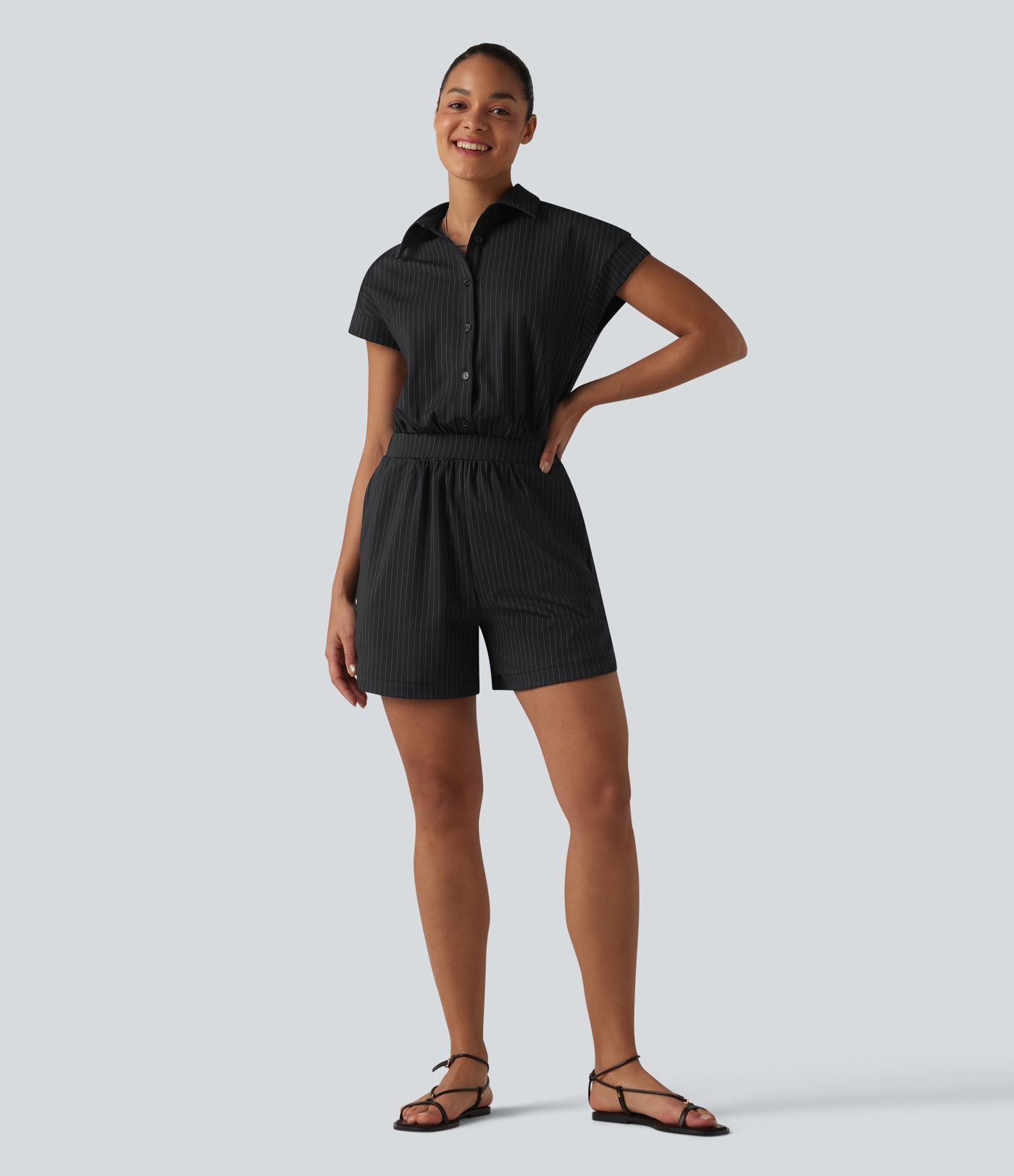 Short Sleeve Stripe Casual Shirt Romper with Pockets-Easy Peezy Edition Short Sleeve Stripe Casual Shirt Romper with Pockets-Easy Peezy Edition