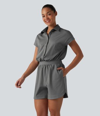 Short Sleeve Stripe Casual Shirt Romper with Pockets-Easy Peezy Edition