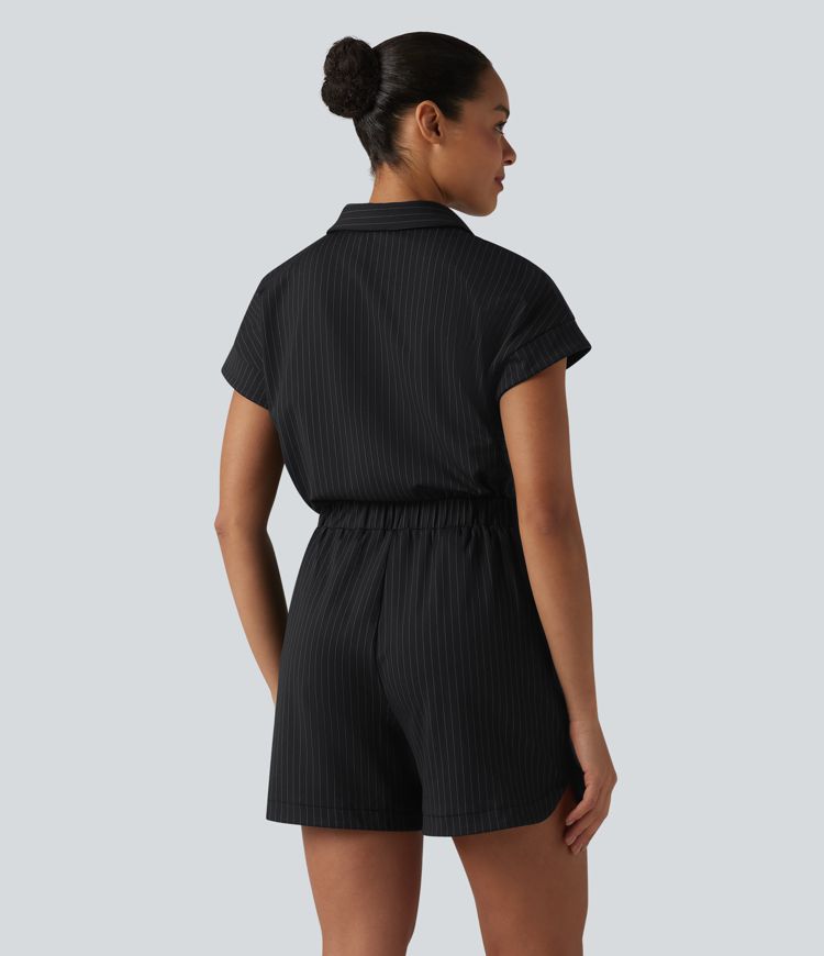 Short Sleeve Stripe Casual Shirt Romper with Pockets-Easy Peezy Edition Short Sleeve Stripe Casual Shirt Romper with Pockets-Easy Peezy Edition