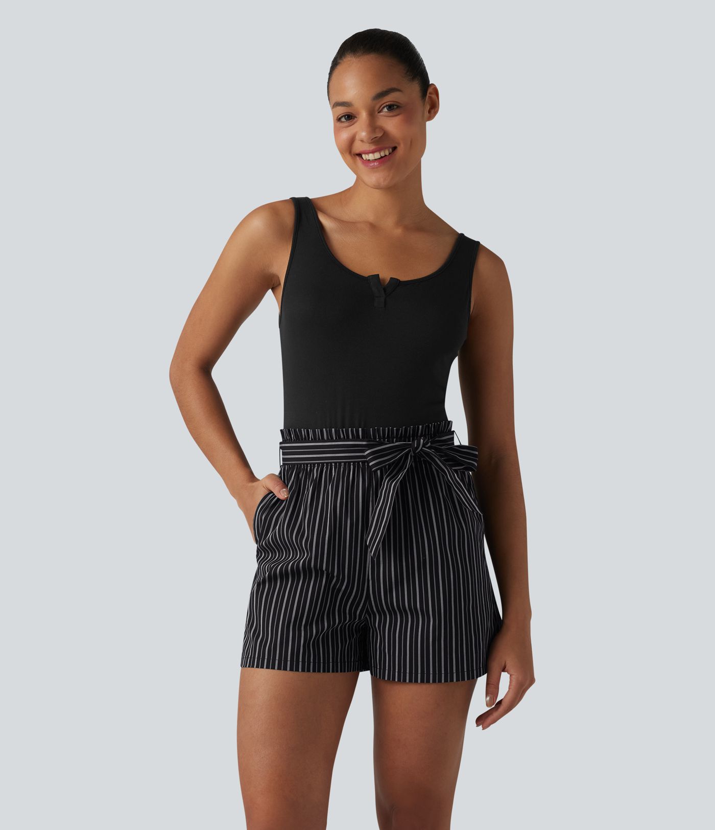 Notched Belted Contrast Stripe Romper with Pockets