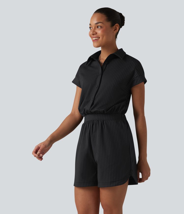 Short Sleeve Stripe Casual Shirt Romper with Pockets-Easy Peezy Edition Short Sleeve Stripe Casual Shirt Romper with Pockets-Easy Peezy Edition