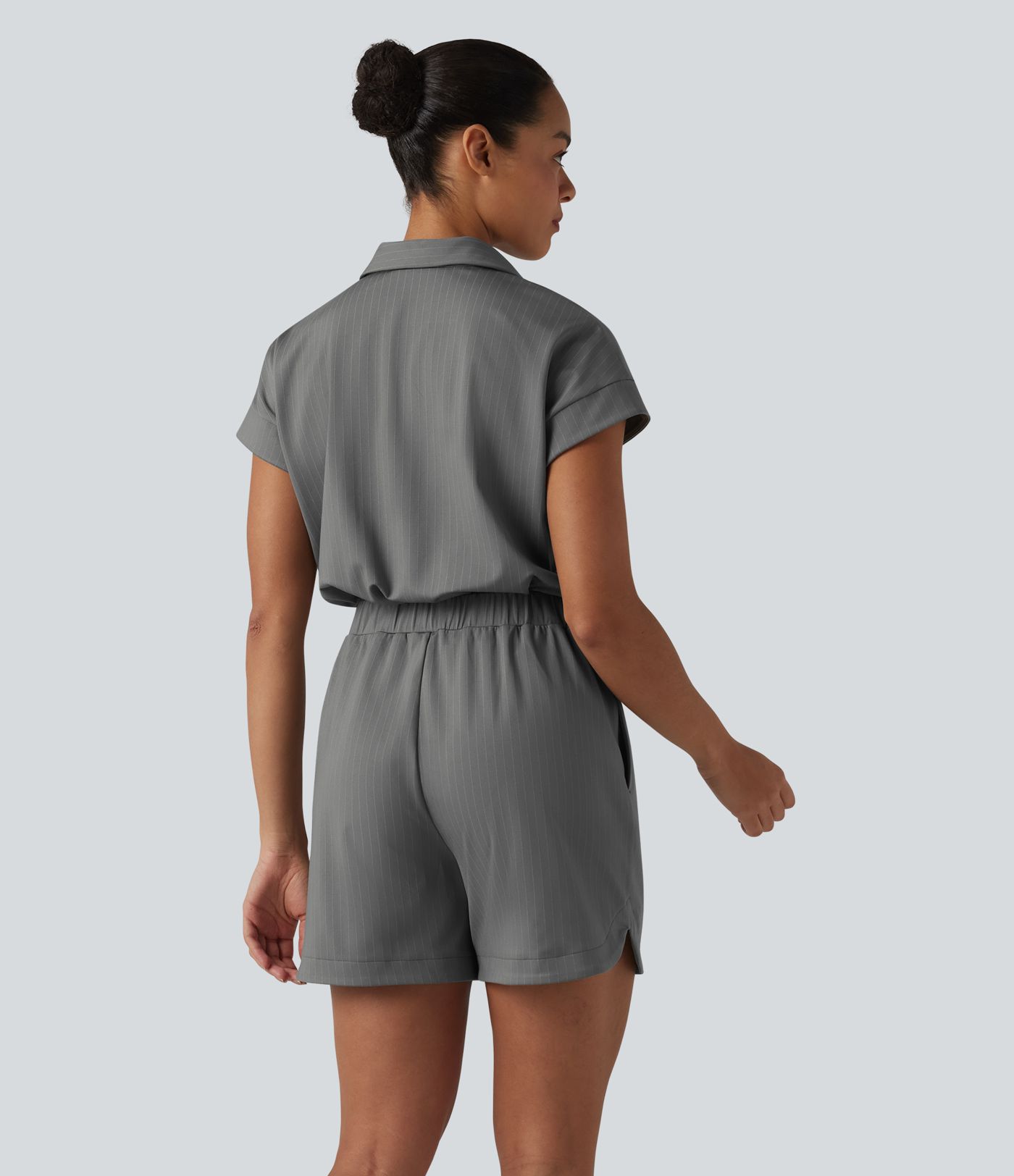 Short Sleeve Stripe Casual Shirt Romper with Pockets-Easy Peezy Edition