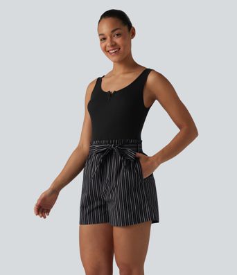 Notched Belted Contrast Stripe Romper with Pockets