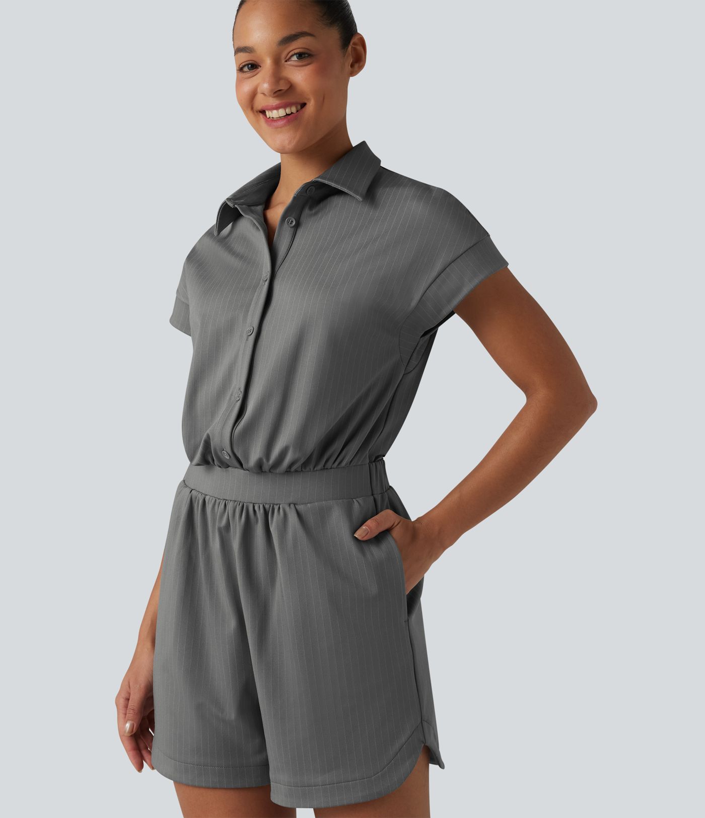 Short Sleeve Stripe Casual Shirt Romper with Pockets-Easy Peezy Edition