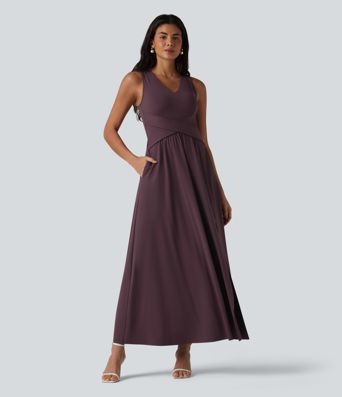 V Neck Sleeveless Maxi Dress with Pockets