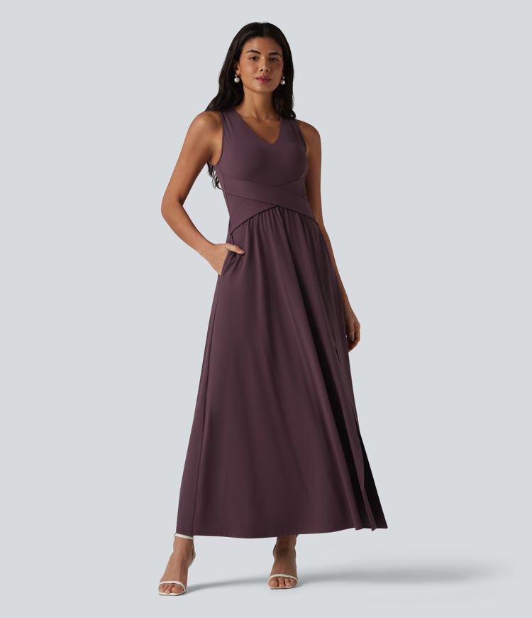 V Neck Sleeveless Maxi Dress with Pockets
