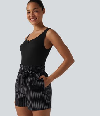 Notched Belted Contrast Stripe Romper with Pockets