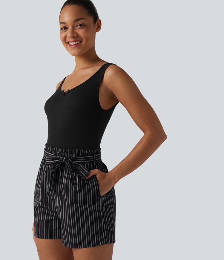 Notched Belted Contrast Stripe Romper with Pockets