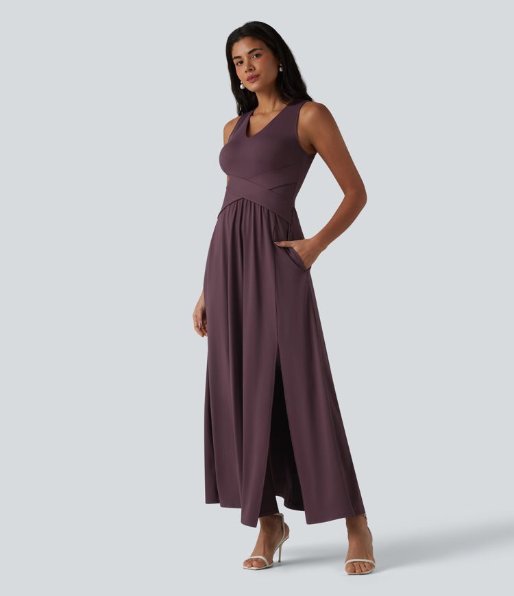 Ärmelloses Maxikleid mit V-Ausschnitt und Seitentaschen