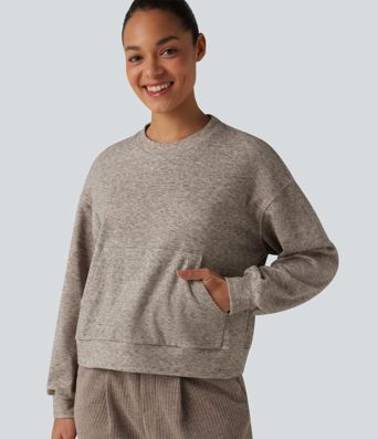 Lounge-Top mit Rundhalsausschnitt, Kängurutasche und langen Ärmeln