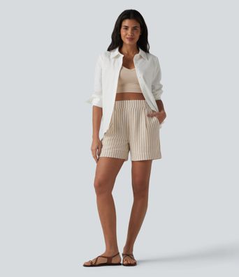High Waisted Stripe Casual Linen-Feel Shorts with Pockets