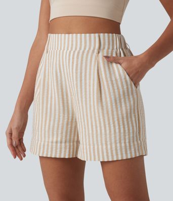 High Waisted Stripe Casual Linen-Feel Shorts with Pockets