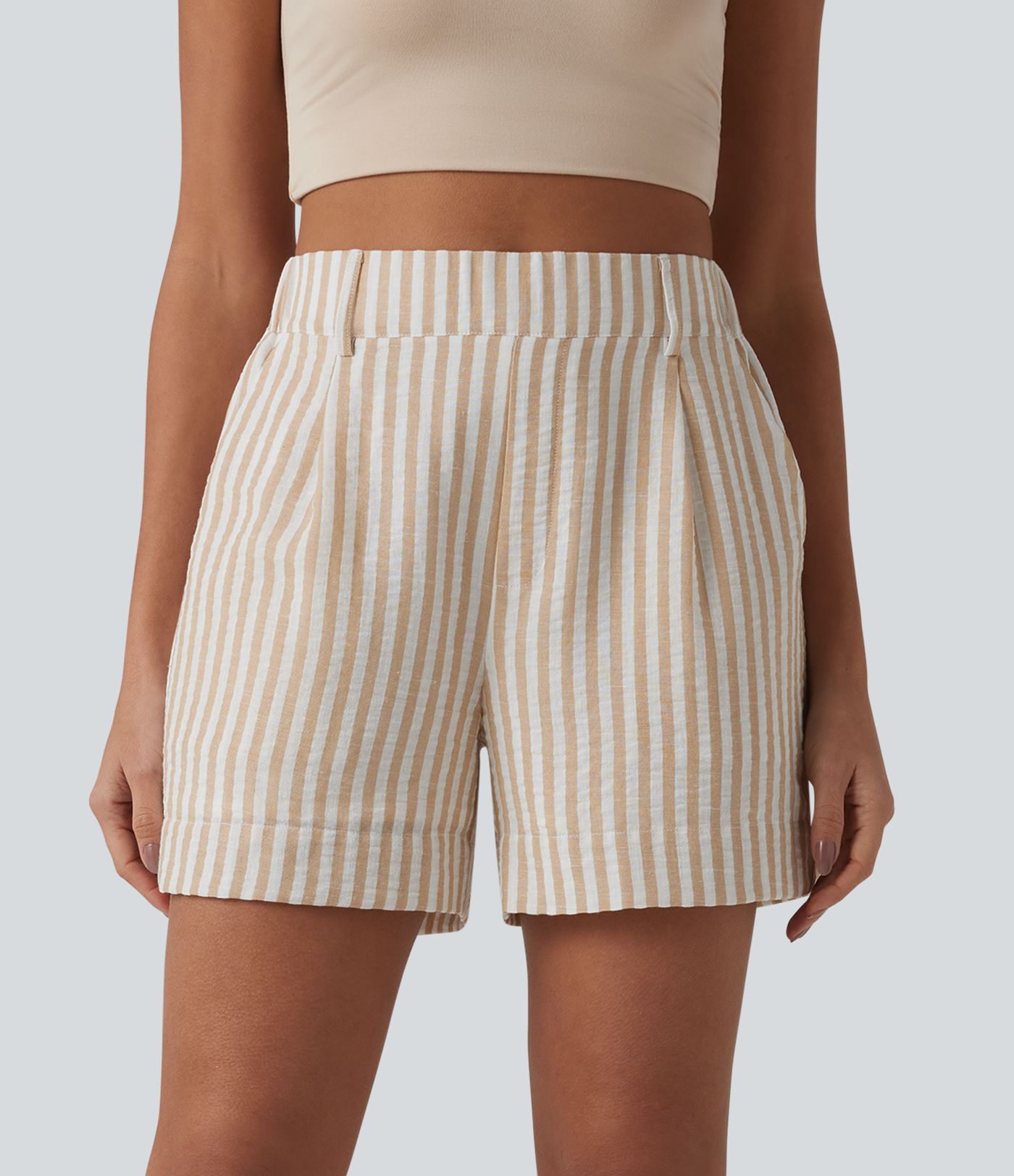 High Waisted Stripe Casual Linen-Feel Shorts with Pockets