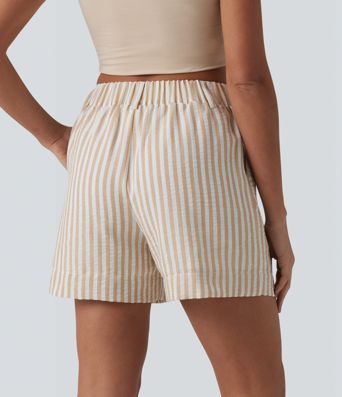 High Waisted Stripe Casual Linen-Feel Shorts with Pockets