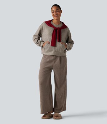 Lounge-Top mit Rundhalsausschnitt, Kängurutasche und langen Ärmeln