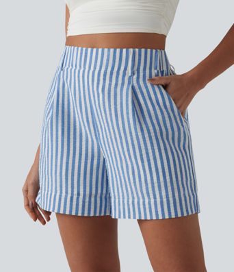 Short casual taille haute à rayures avec poches et aspect lin