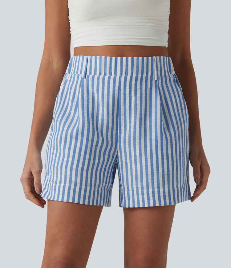 Short casual taille haute à rayures avec poches et aspect lin