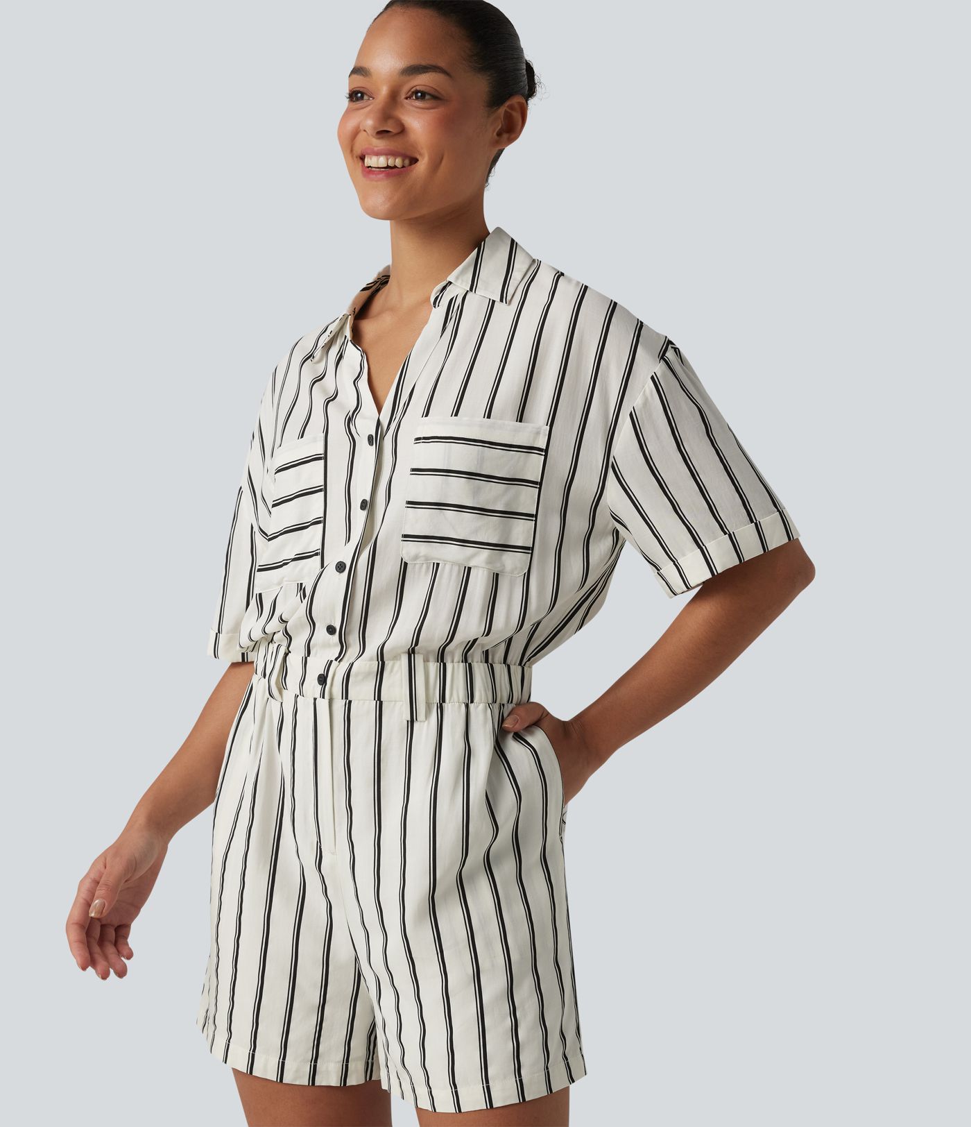Short Sleeve Stripe Casual Shirt Romper with Pockets