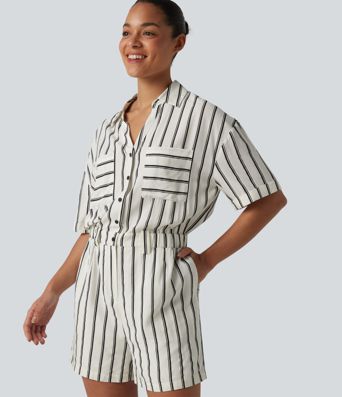 Short Sleeve Stripe Casual Shirt Romper with Pockets