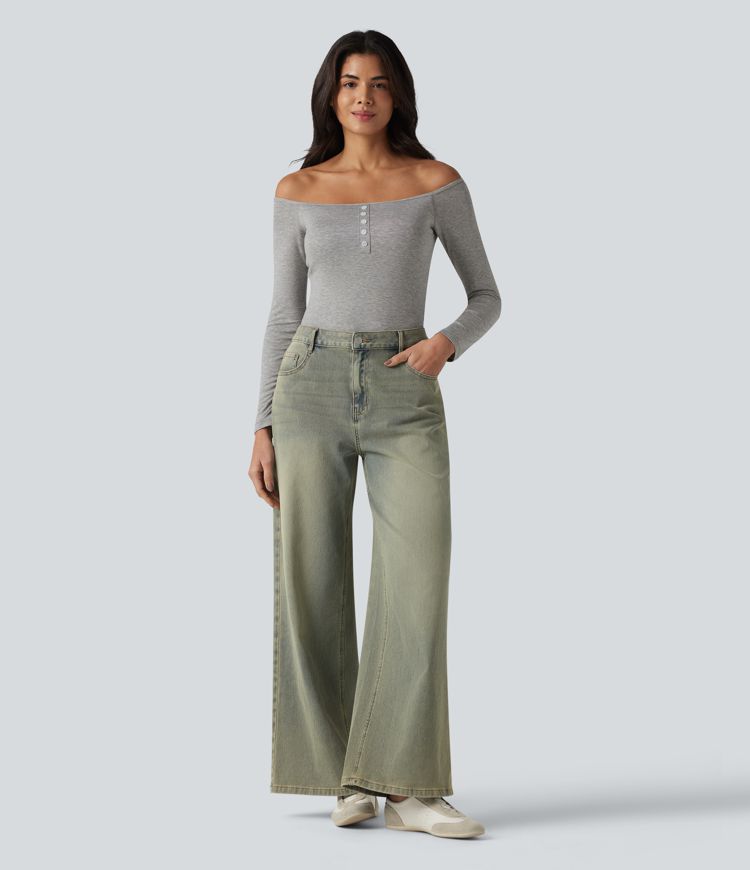 Ribbed Off-shoulder Long Sleeve Built-in Bra Ultra-slim Casual T-Shirt