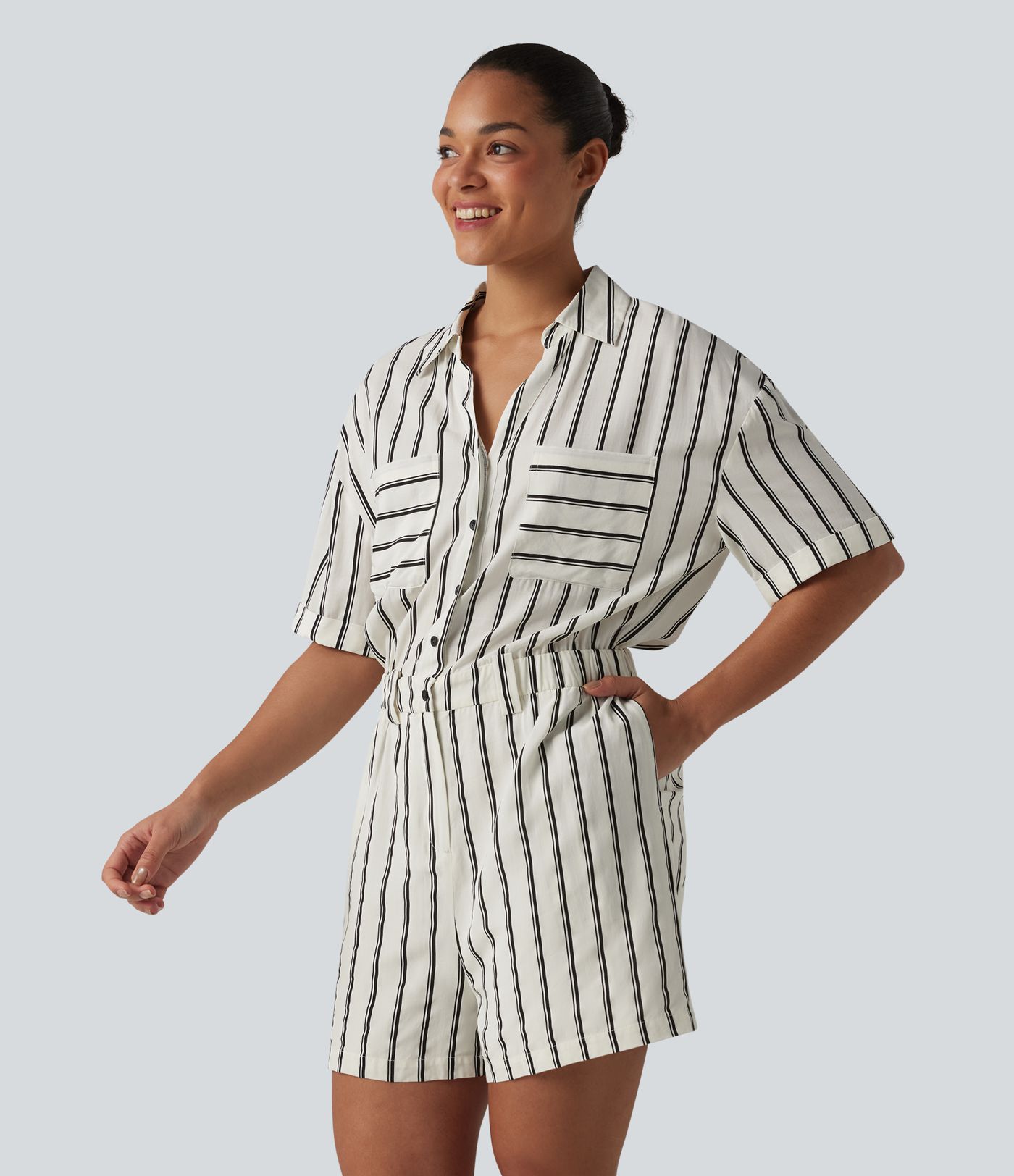 Short Sleeve Stripe Casual Shirt Romper with Pockets