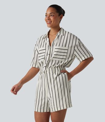 Short Sleeve Stripe Casual Shirt Romper with Pockets