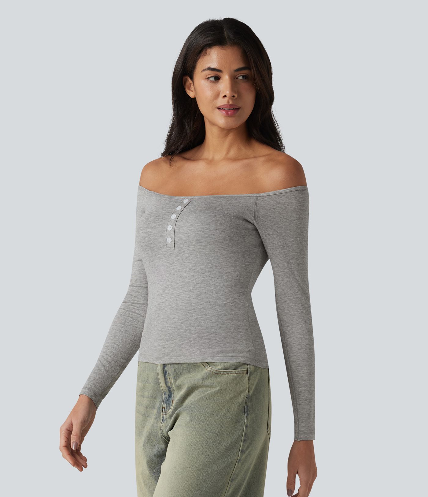 Ribbed Off-shoulder Long Sleeve Built-in Bra Ultra-slim Casual T-Shirt