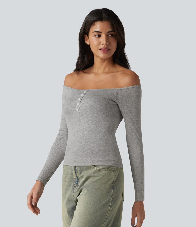 Ribbed Off-shoulder Long Sleeve Built-in Bra Ultra-slim Casual T-Shirt
