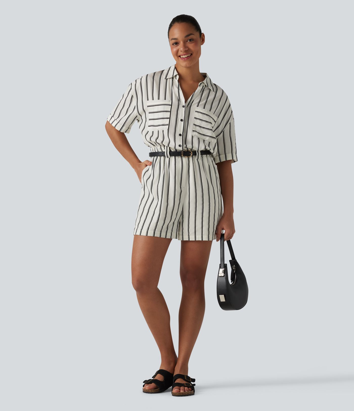 Short Sleeve Stripe Casual Shirt Romper with Pockets