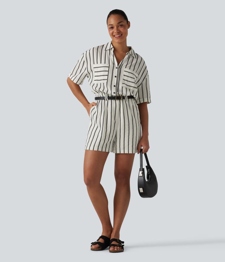 Short Sleeve Stripe Casual Shirt Romper with Pockets