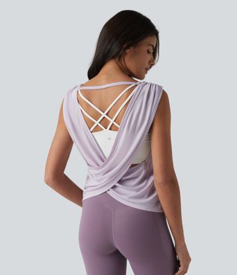 Gerafftes, rückenfreies Yoga-Top mit überkreuzten Trägern