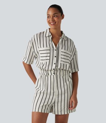 Short Sleeve Stripe Casual Shirt Romper with Pockets