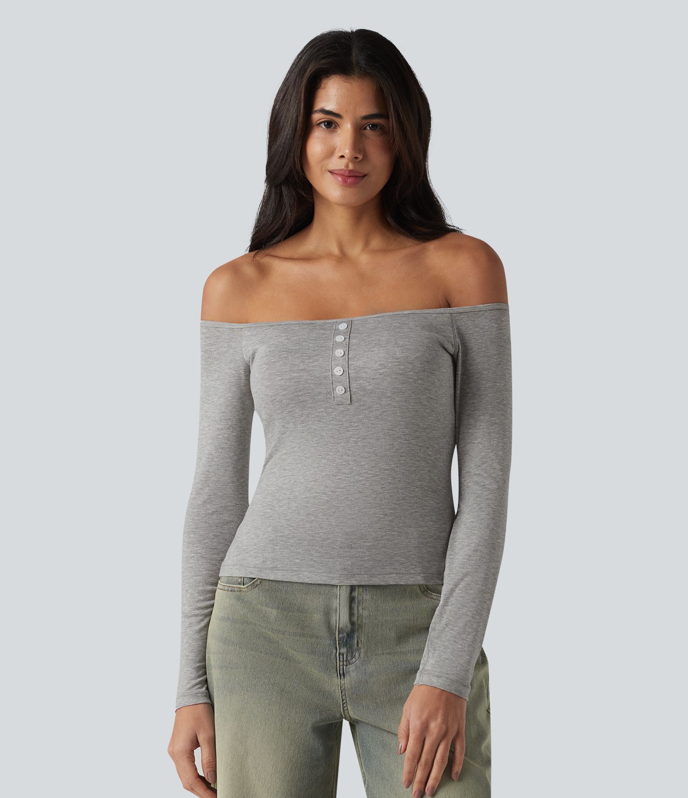 Ribbed Off-shoulder Long Sleeve Built-in Bra Ultra-slim Casual T-Shirt