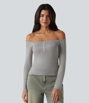 Ribbed Off-shoulder Long Sleeve Built-in Bra Ultra-slim Casual T-Shirt
