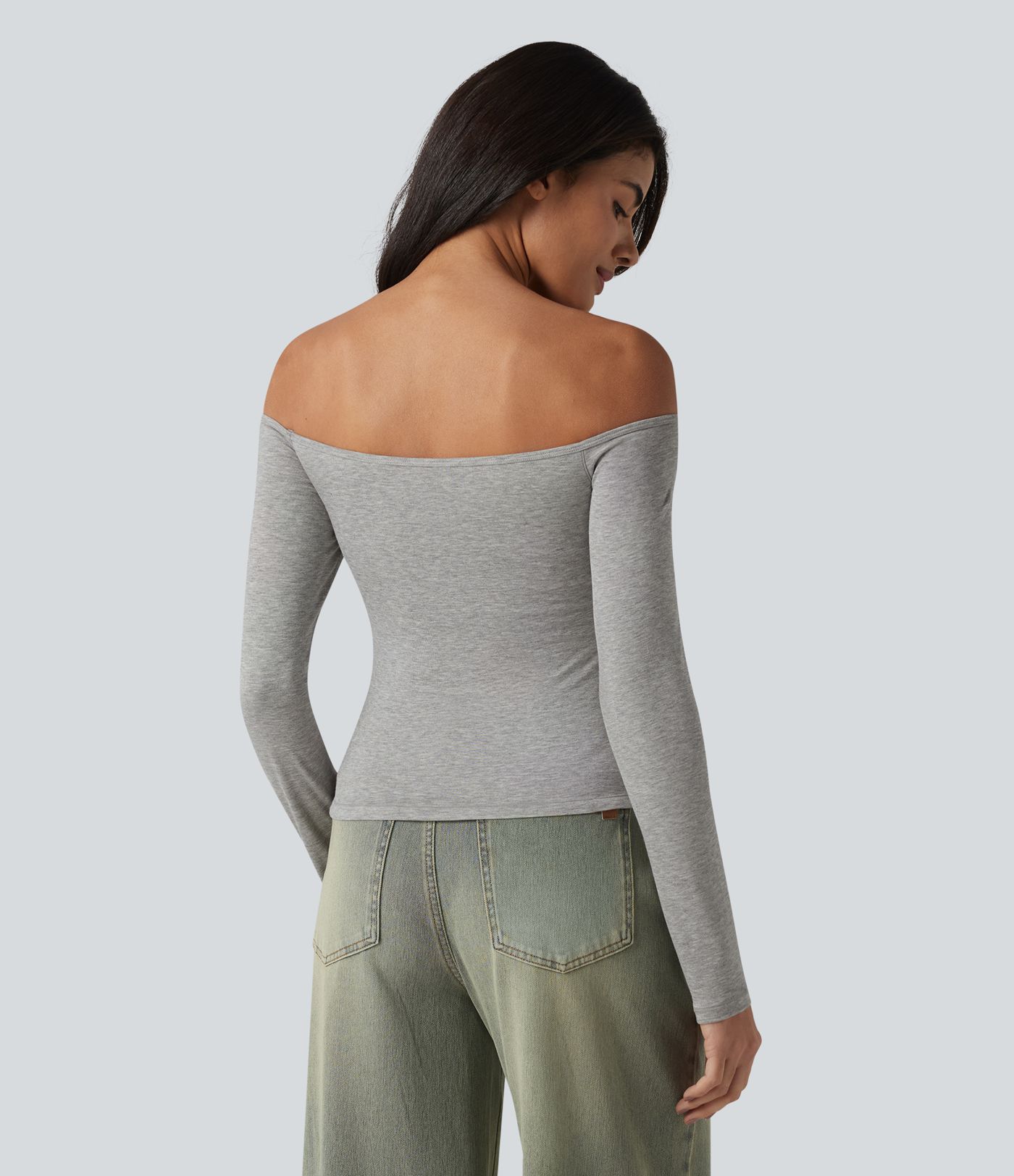 Ribbed Off-shoulder Long Sleeve Built-in Bra Ultra-slim Casual T-Shirt