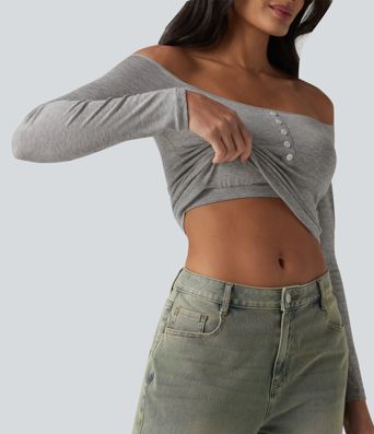 Ribbed Off-shoulder Long Sleeve Built-in Bra Ultra-slim Casual T-Shirt